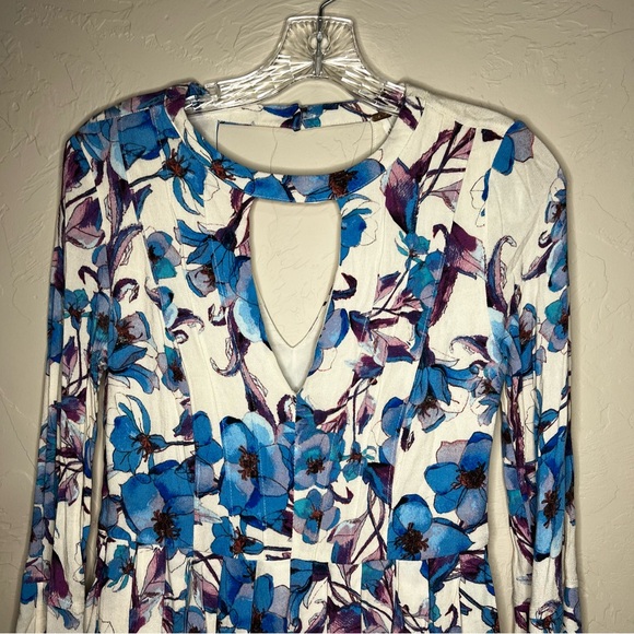 Free People Teagan Floral Blue Purple Boho Double V Cutout Mini Dress - Picture 6 of 14